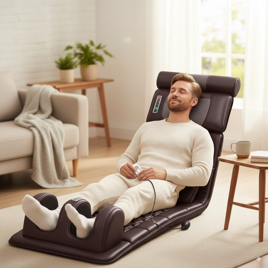 Man relaxing on a massage chair in a cozy living room.