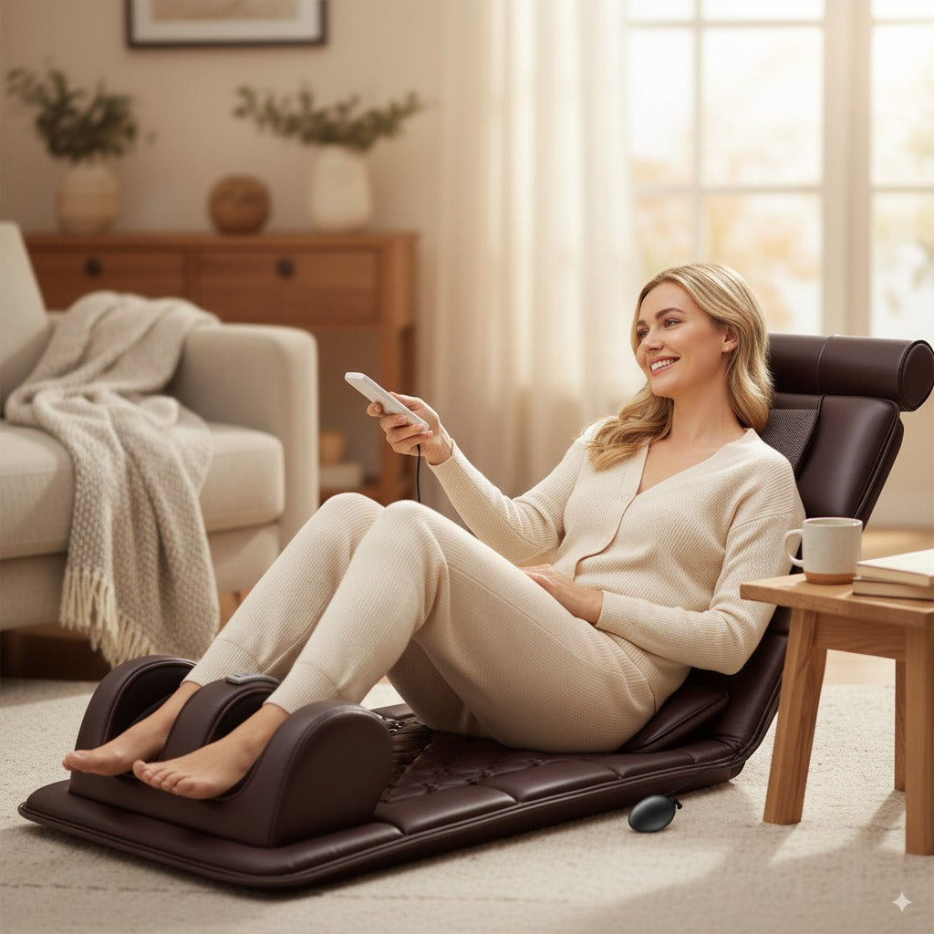 Woman using a massage chair in a cozy living room