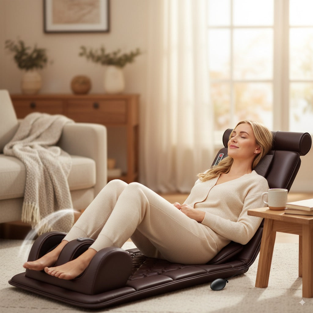 Woman using a massage chair in a cozy living room